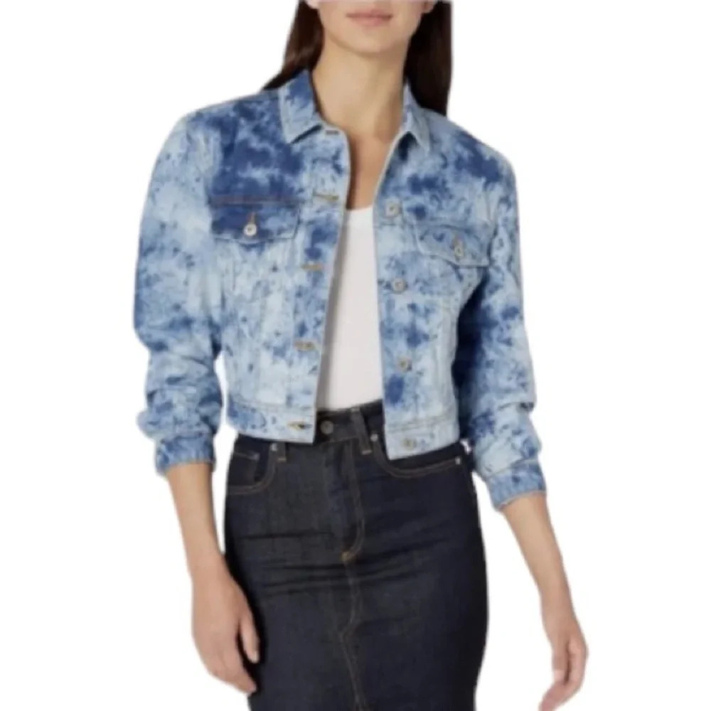 BB Dakota NEW Tie Dye Blue & White Cotton Cropped Denim Jacket Size Small